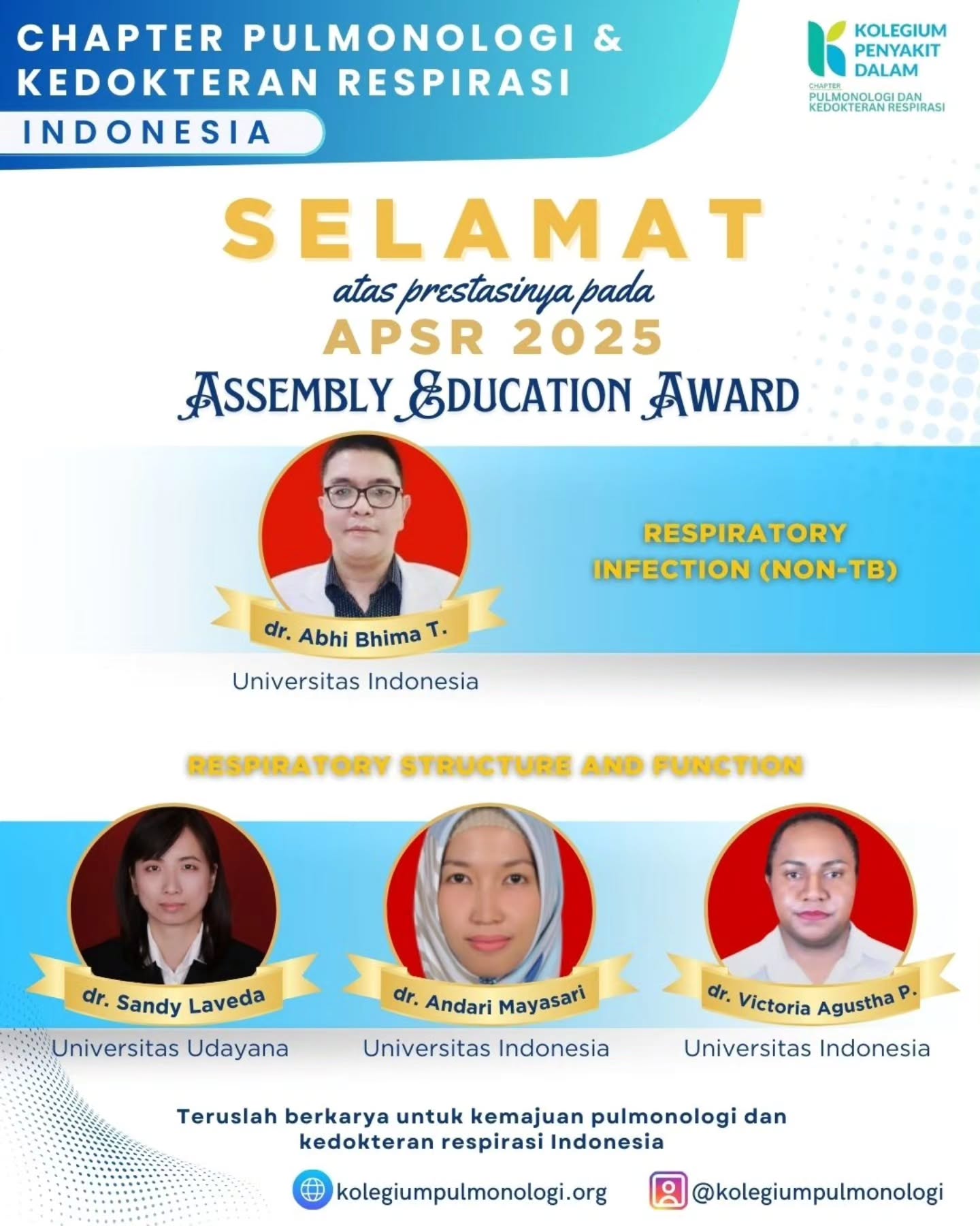 Chapter Pulmonologi dan Kedokteran Respirasi Indonesia mengucapkan selamat kepada para residen pulmonologi dan dokter spesialis paru Indonesia yang meraih penghargaan pada acara Asian Pacific Society of Respirology (APSR) 2025! ๐๐ฎ๐ฉ
Prestasi ini menjadi cerminan komitmen, dedikasi, dan kontribusi para insan pulmonologi Indonesia dalam pengembangan ilmu kedokteran respirasi di kancah internasional.
Kami mengapresiasi setiap langkah maju para penerima penghargaan dan mendorong semangat untuk terus berkarya serta memberikan yang terbaik bagi pelayanan respirasi di Indonesia. ๐
#APSR2025 #PulmonologiIndonesia #ChapterPulmonologi #RespiratoryMedicine