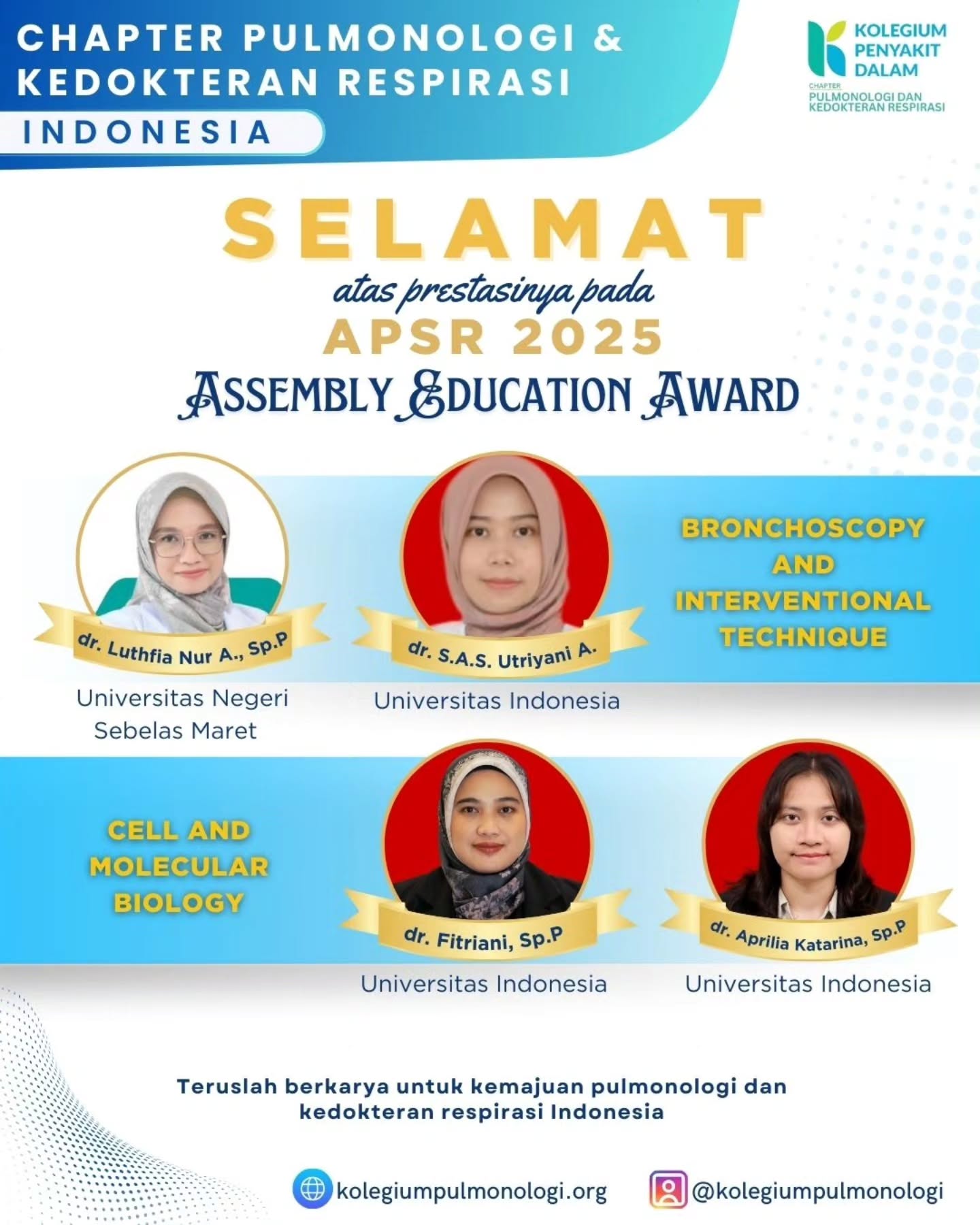 Chapter Pulmonologi dan Kedokteran Respirasi Indonesia mengucapkan selamat kepada para residen pulmonologi dan dokter spesialis paru Indonesia yang meraih penghargaan pada acara Asian Pacific Society of Respirology (APSR) 2025! ๐๐ฎ๐ฉ
Prestasi ini menjadi cerminan komitmen, dedikasi, dan kontribusi para insan pulmonologi Indonesia dalam pengembangan ilmu kedokteran respirasi di kancah internasional.
Kami mengapresiasi setiap langkah maju para penerima penghargaan dan mendorong semangat untuk terus berkarya serta memberikan yang terbaik bagi pelayanan respirasi di Indonesia. ๐
#APSR2025 #PulmonologiIndonesia #ChapterPulmonologi #RespiratoryMedicine