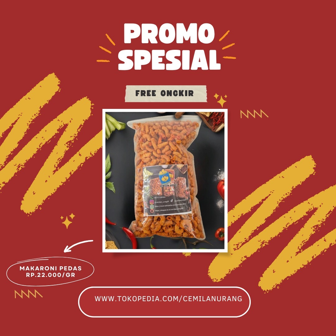 Makaroni Pedas adalah camilan yang menggugah selera dengan cita rasa pedas yang menggelitik. Terbuat dari makaroni berkualitas tinggi yang digoreng hingga renyah, kemudian dilumuri dengan bumbu pedas yang khas. Setiap gigitan memberikan sensasi renyah dan pedas yang memuaskan, cocok untuk dinikmati sebagai camilan di waktu santai atau saat bersantai bersama teman dan keluarga. Dengan harga terjangkau sekitar 22 ribu rupiah, Makaroni Pedas menjadi pilihan yang ekonomis dan lezat untuk memuaskan hasrat akan camilan pedas yang memanjakan lidah.