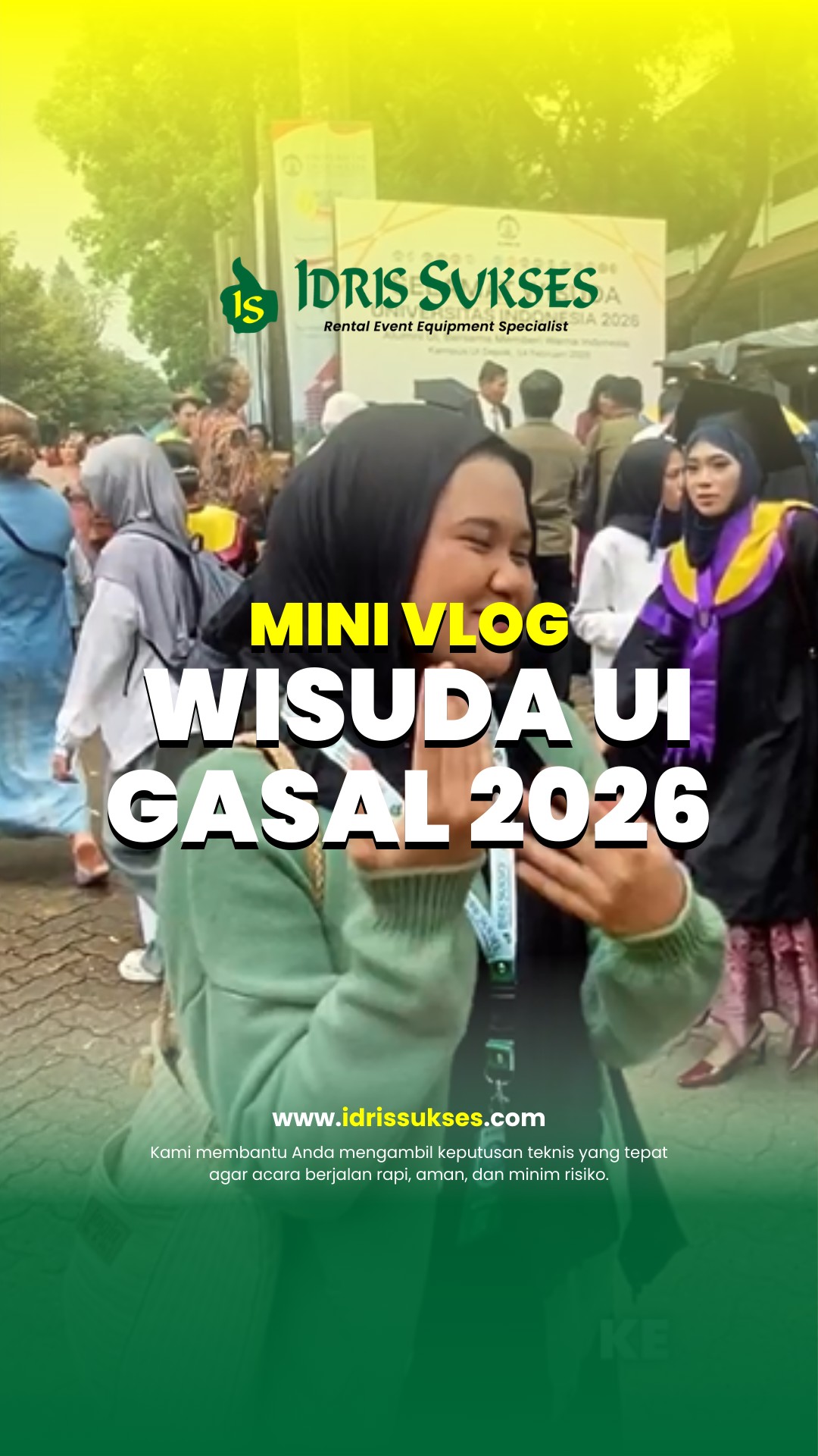 Diberi kepercayaan sebagai vendor pendukung untuk Wisuda UI Semester Gasal 2026 adalah sebuah kehormatan bagi Idris Sukses.
Kami berkeliling memastikan semua standar kualitas terpenuhi agar momen sekali seumur hidup para wisudawan berjalan tanpa hambatan. Di video ini, kalian bisa lihat beberapa highlight barang dan keseruan tim kami di lokasi.
Standard excellence, only with Idris Sukses.
#IdrisSukses #VendorResmi #WisudaUI2026 #EventEquipment #UIEvents #ProfessionalVendor