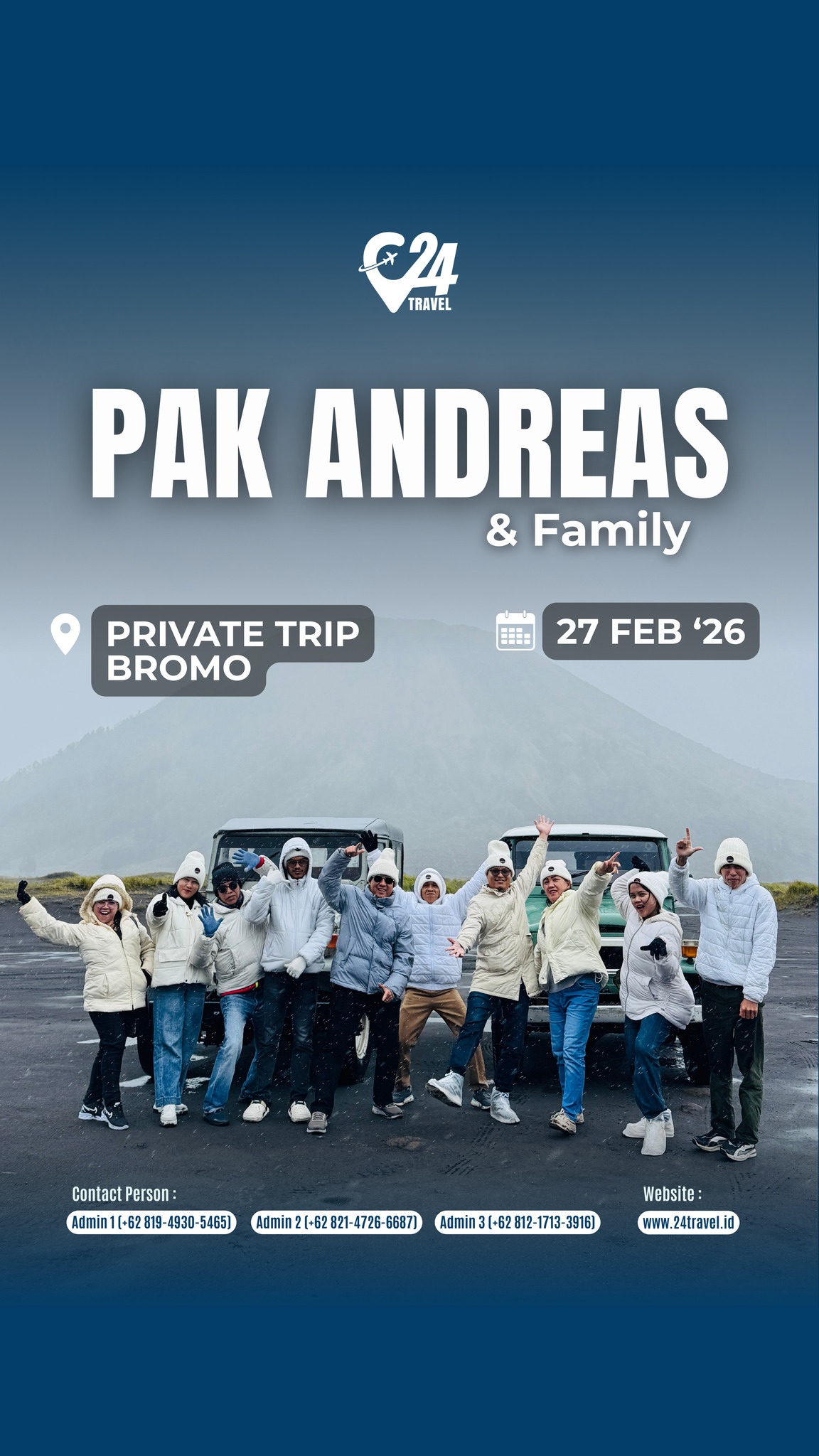 Liburan keluarga selalu jadi waktu terbaik untuk menciptakan kenangan bersama.
Bromo menawarkan panorama alam yang luar biasa dan pengalaman yang tak mudah dilupakan.
Yuk, wujudkan family trip yang hangat, santai, dan penuh cerita seru.Info promo & konsultasi klik link bio 👉 @24travel.id#24travel #semuabisaliburan #paketwisatabromo #tripbromo