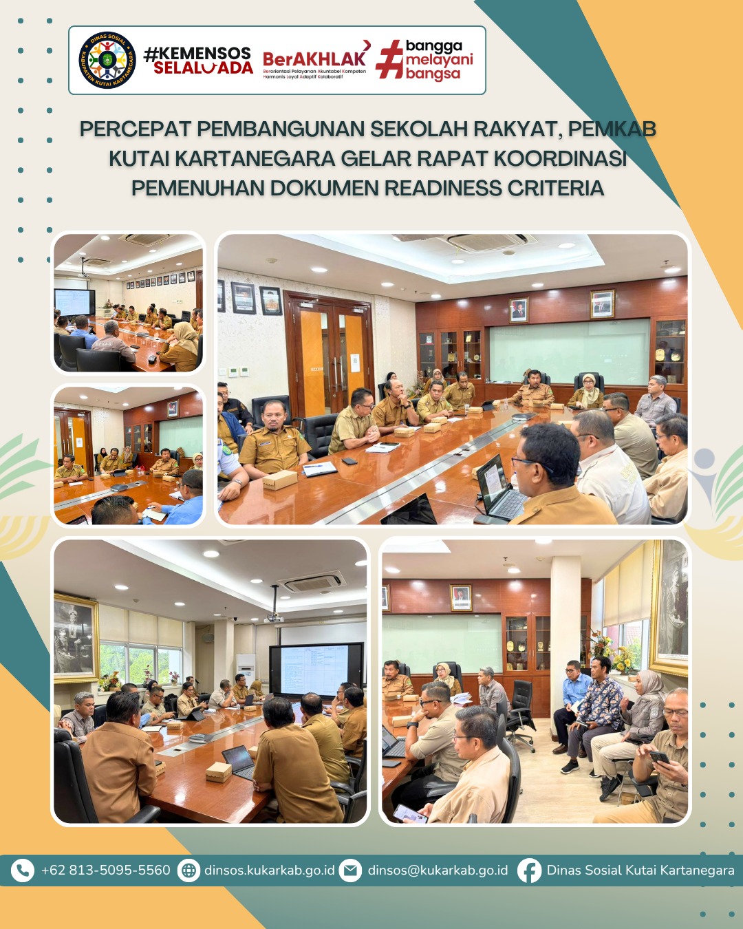 TENGGARONG β Pemerintah Kabupaten Kutai Kartanegara terus bergerak cepat dalam mengupayakan percepatan penyelenggaraan infrastruktur pendidikan di daerah. Bertempat di Ruang Rapat Sekretaris Daerah (Sekda), Pemkab Kutai Kartanegara menggelar rapat koordinasi penting terkait pembahasan penyediaan dokumen Readiness Criteria untuk Penyelenggaraan Sekolah Rakyat (SR) di Kabupaten Kutai Kartanegara, Selasa (02/06/2026).
.
.
.
.
.
Selengkapnya di : https://dinsos.kukarkab.go.id/index.php/2026/06/03/percepat-pembangunan-sekolah-rakyat-pemkab-kutai-kartanegara-gelar-rapat-koordinasi-pemenuhan-dokumen-readiness-criteria/