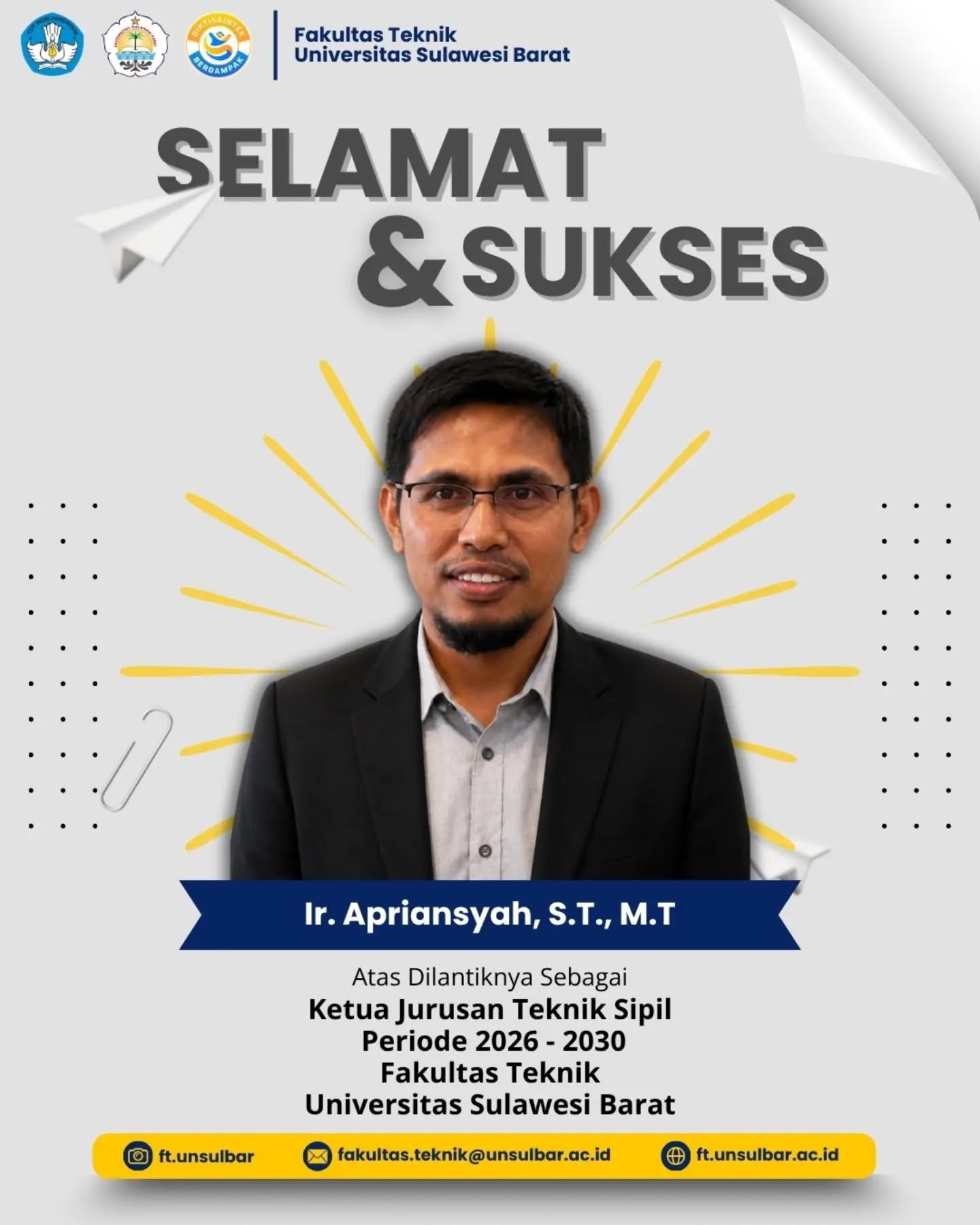 Fakultas Teknik Universitas Sulawesi Barat menyampaikan apresiasi dan terima kasih kepada Amalia Nurdin, S.T., M.T. atas pengabdian, dedikasi, dan kontribusi selama mengemban amanah sebagai Ketua Jurusan dan Ketua Program Studi Teknik Sipil Periode 2021–2026. Semoga segala pengabdian yang telah diberikan menjadi amal kebaikan dan membawa keberkahan.
Selanjutnya, kami mengucapkan selamat dan sukses kepada Ir. Apriansyah, S.T., M.T. atas pelantikannya sebagai Ketua Jurusan Teknik Sipil Fakultas Teknik Universitas Sulawesi Barat Periode 2026–2030.
Semoga amanah yang diemban dapat dijalankan dengan penuh integritas, dedikasi, dan semangat dalam membawa Jurusan Teknik Sipil terus berkembang, berprestasi, dan memberikan kontribusi terbaik bagi kemajuan Fakultas Teknik Universitas Sulawesi Barat.
#ftunsulbar #fakultasteknik #unsulbar Fakultas Teknik Universitas Sulawesi Barat menyampaikan apresiasi dan terima kasih kepada Amalia Nurdin, S.T., M.T. atas pengabdian, dedikasi, dan kontribusi selama mengemban amanah sebagai Ketua Jurusan dan Ketua Program Studi Teknik Sipil Periode 2021–2026. Semoga segala pengabdian yang telah diberikan menjadi amal kebaikan dan membawa keberkahan.
Selanjutnya, kami mengucapkan selamat dan sukses kepada Ir. Apriansyah, S.T., M.T. atas pelantikannya sebagai Ketua Jurusan Teknik Sipil Fakultas Teknik Universitas Sulawesi Barat Periode 2026–2030.
Semoga amanah yang diemban dapat dijalankan dengan penuh integritas, dedikasi, dan semangat dalam membawa Jurusan Teknik Sipil terus berkembang, berprestasi, dan memberikan kontribusi terbaik bagi kemajuan Fakultas Teknik Universitas Sulawesi Barat.
#ftunsulbar #fakultasteknik #unsulbar
