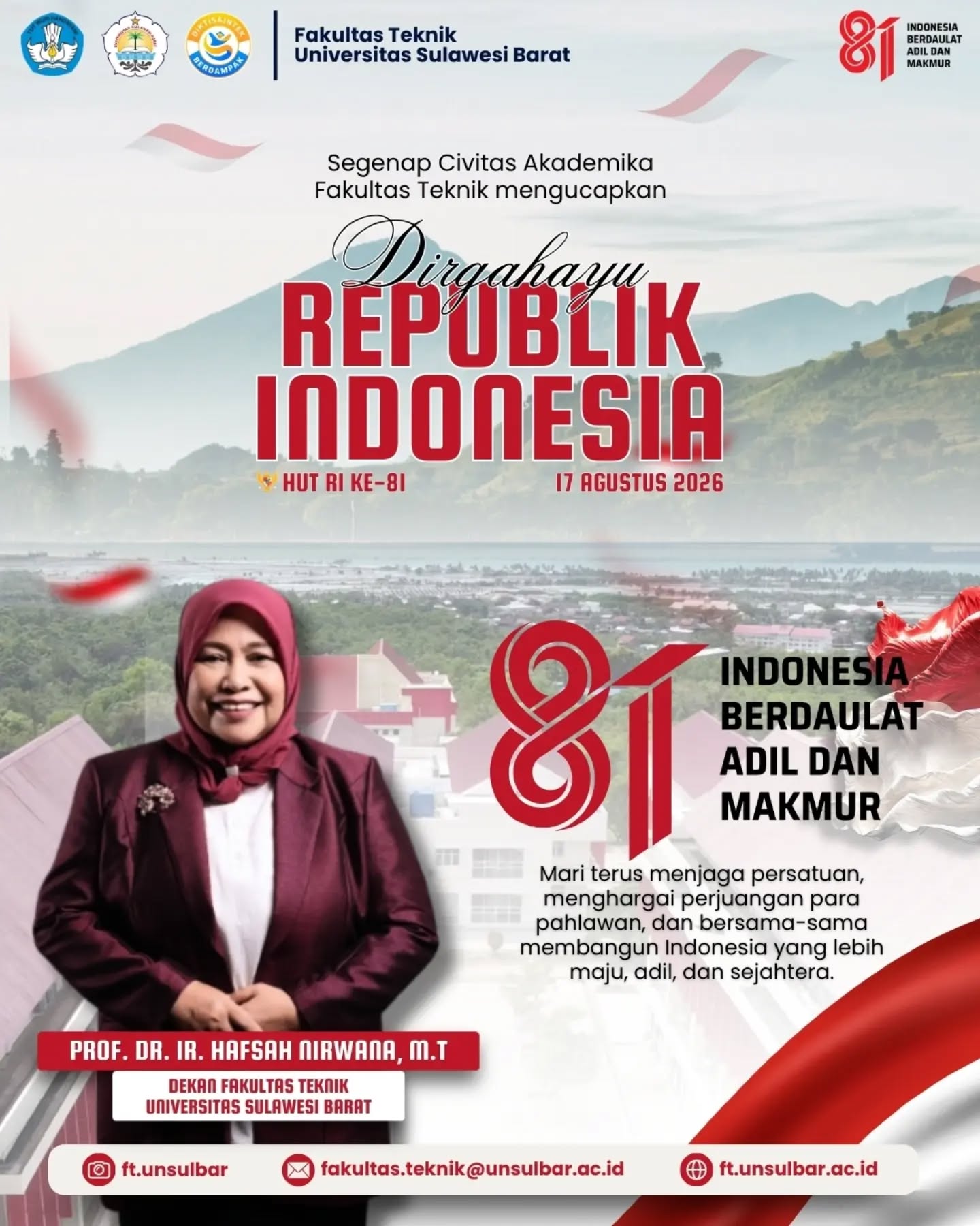 🇮🇩 Dirgahayu Republik Indonesia ke-81!
Fakultas Teknik Universitas Sulawesi Barat mengucapkan Selamat Hari Ulang Tahun ke-81 Kemerdekaan Republik Indonesia.
Mari terus mengisi kemerdekaan dengan semangat berkarya, berinovasi, dan memberikan kontribusi terbaik bagi kemajuan bangsa.
Indonesia Berdaulat, Adil, dan Makmur 🇮🇩
#hutri81 #dirgahayuindonesia #fakultasteknikunsulbar #ftunsulbar #universitassulawesibarat 🇮🇩 Dirgahayu Republik Indonesia ke-81!
Fakultas Teknik Universitas Sulawesi Barat mengucapkan Selamat Hari Ulang Tahun ke-81 Kemerdekaan Republik Indonesia.
Mari terus mengisi kemerdekaan dengan semangat berkarya, berinovasi, dan memberikan kontribusi terbaik bagi kemajuan bangsa.
Indonesia Berdaulat, Adil, dan Makmur 🇮🇩
#hutri81 #dirgahayuindonesia #fakultasteknikunsulbar #ftunsulbar #universitassulawesibarat